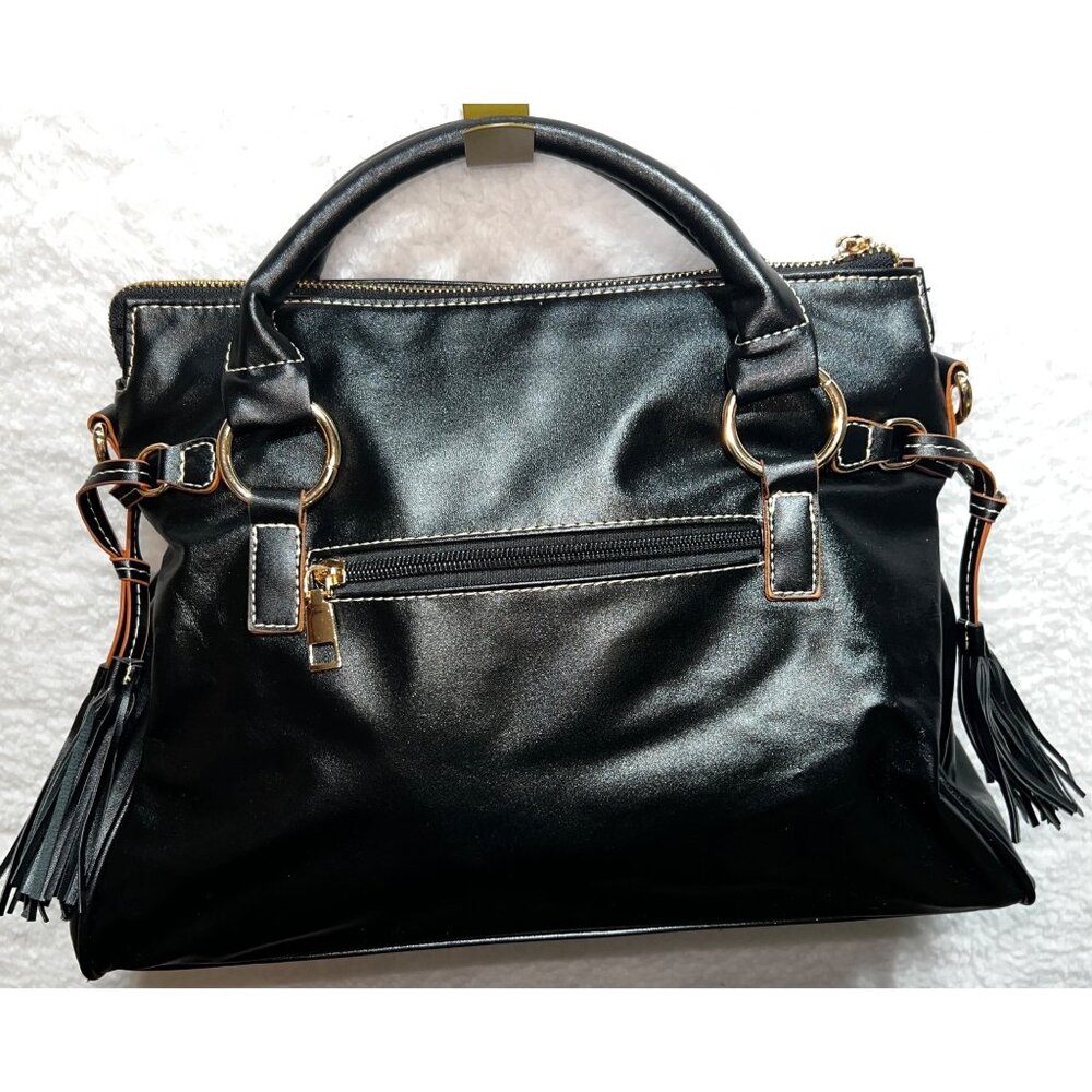 Black Leather Handbag w Gold Hardware & Tassel Accents Red Interior Pockets - Picture 1 of 9